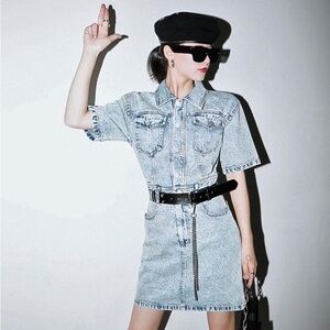 Denim Short-Sleeve Midi Dress